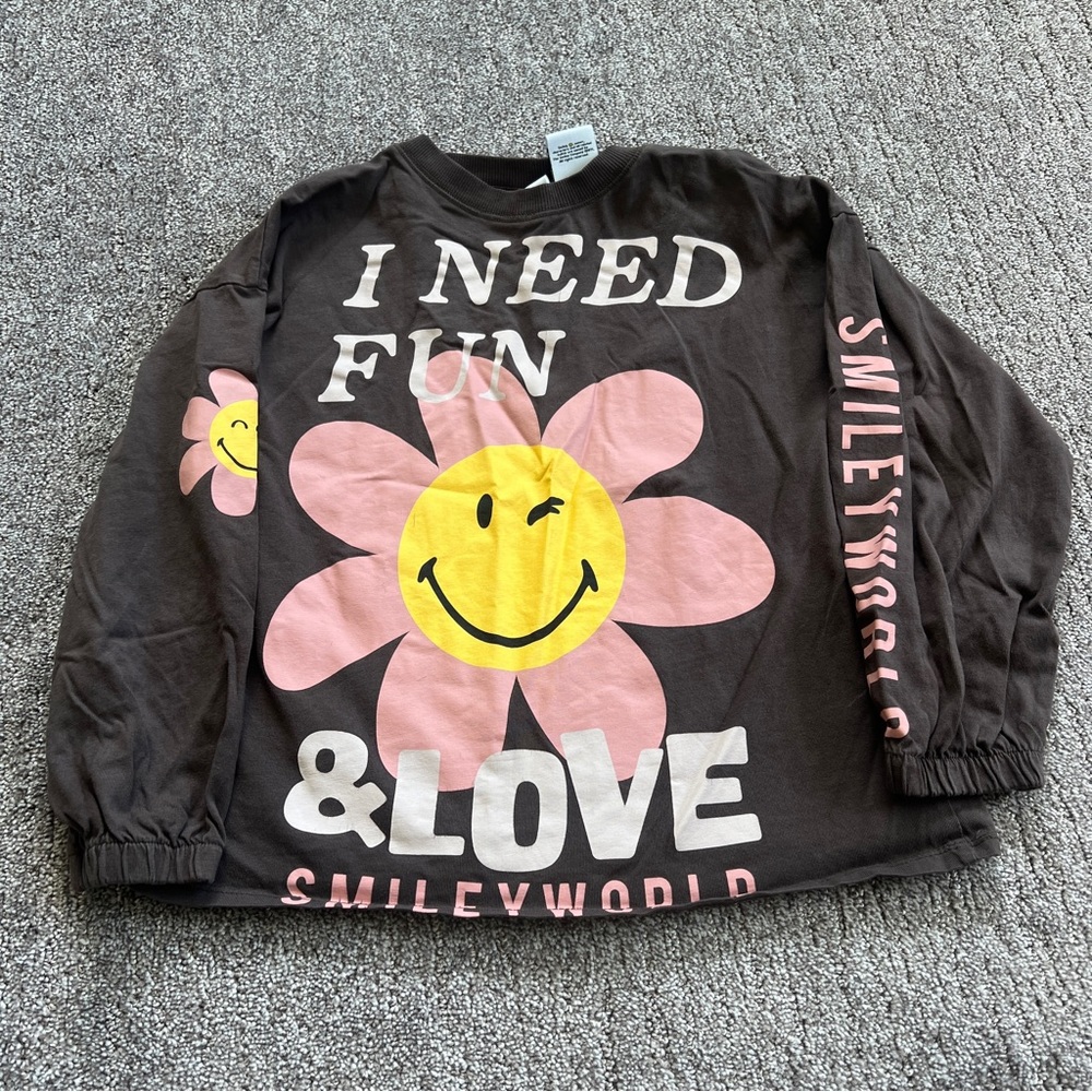 Zara Black Long Sleeve Tee with Pink Flower & Yellow Smiley